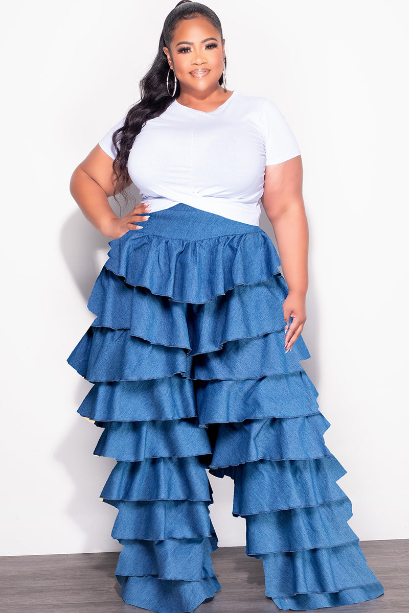 Final Sale Plus Size High Waist Ruffle Pants Chambray in Dark Denim Color - 1x 14/16 Final Sale Plus Size High Waist Ruffle Pants Chambray in Dark Denim Color - 1x 14/16