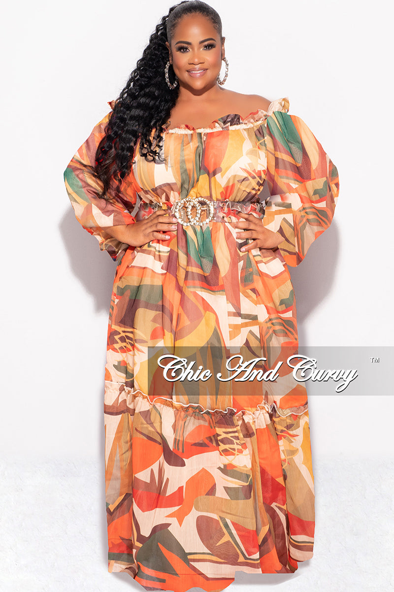 Final Sale Plus Size Off the Shoulder Chiffon Maxi Dress in Tan Multi Chic And Curvy Final Sale Plus Size Off the Shoulder Chiffon Maxi Dress in Tan Multi Chic And Curvy