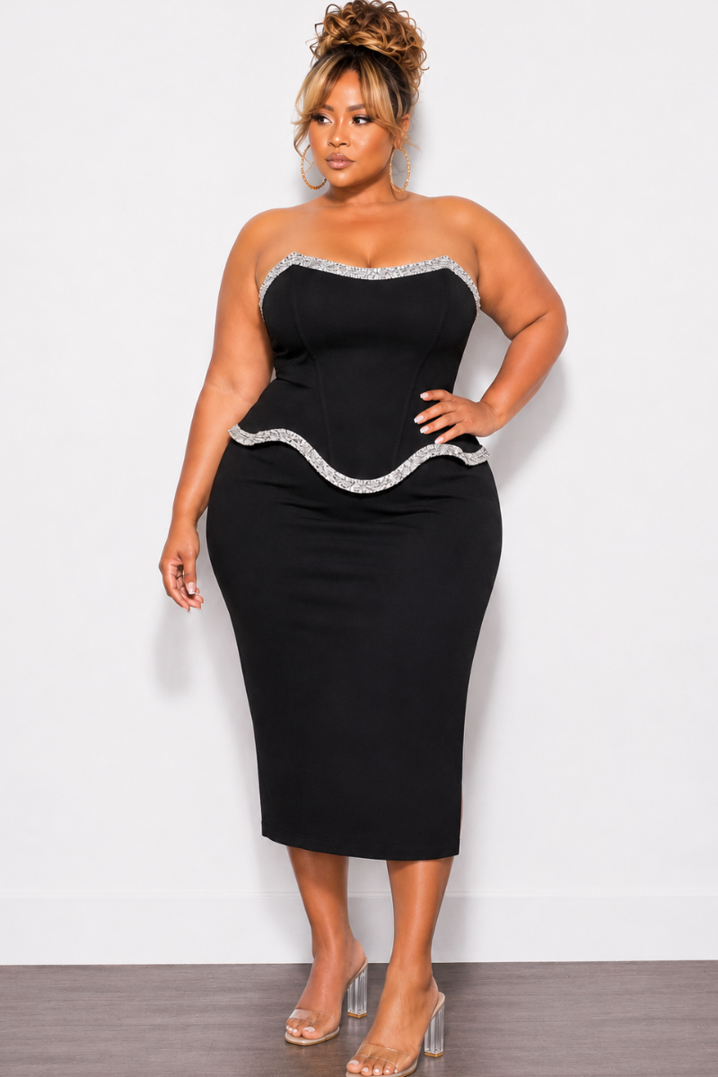 Final Sale Plus Size Lux Strapless Dress with Bling Trim in Black