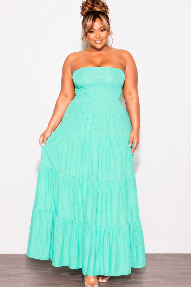 Final Sale Plus Size Smocked Top Strapless Gauze Maxi Dress in Mint Chic And Curvy Final Sale Plus Size Smocked Top Strapless Gauze Maxi Dress in Mint Chic And Curvy