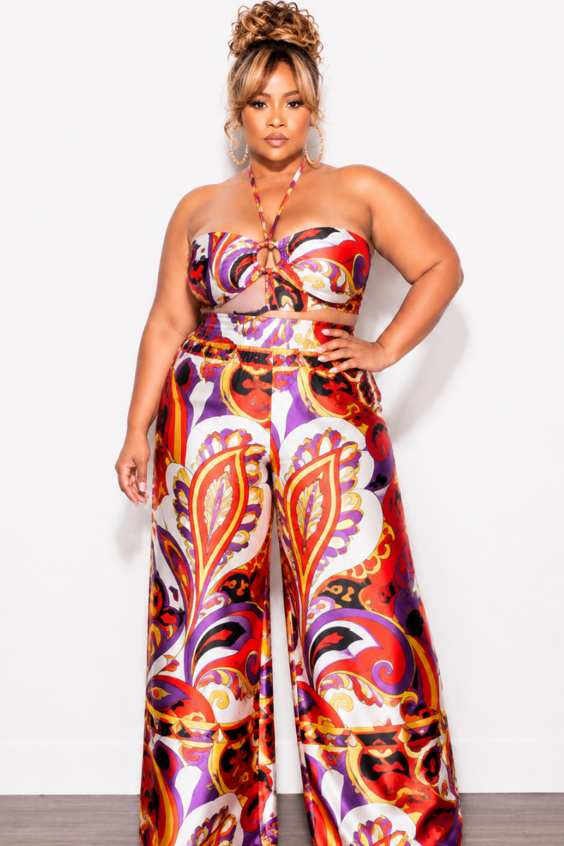 Final Sale Plus Size 2pc Satin Halter Bra Top and Palazzo Pants in Multi Color Red Design Print