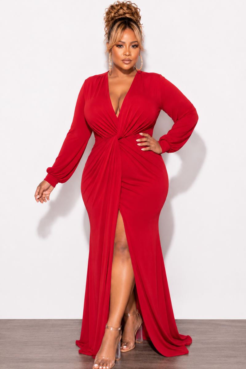Final Sale Plus Size V-Neck Gown with Twist Front Waist in Red