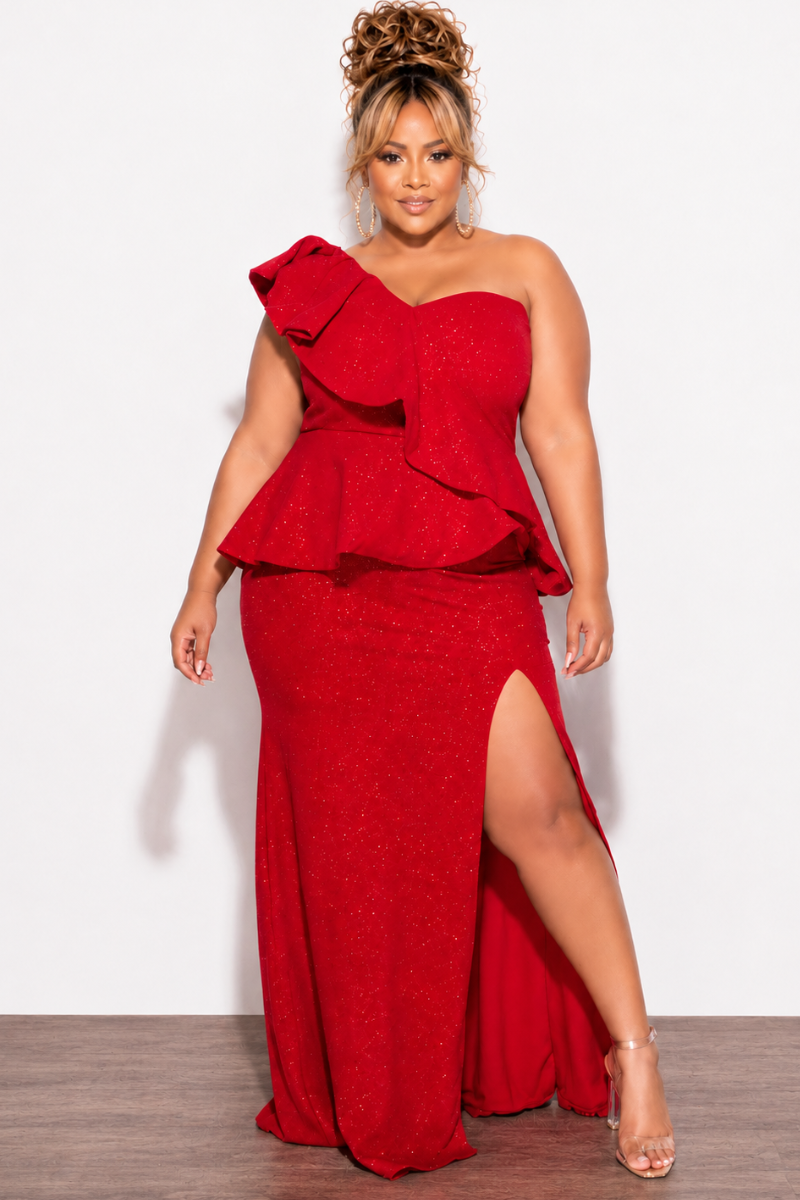 Final Sale Plus Size One Shoulder Layered Ruffle Gown in Red Glitter