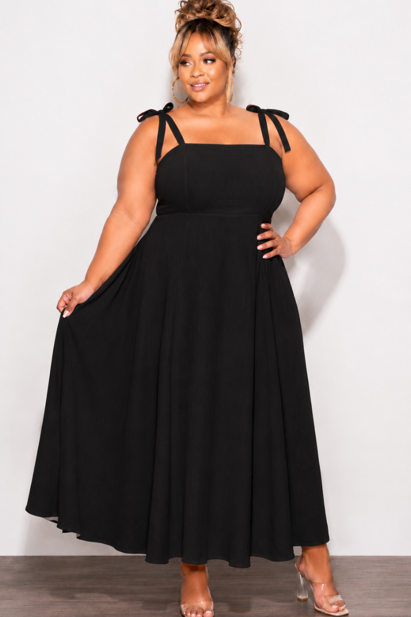 Final Sale Plus Size Self Tie Strap Light Weight Linen Blend Dress in Black