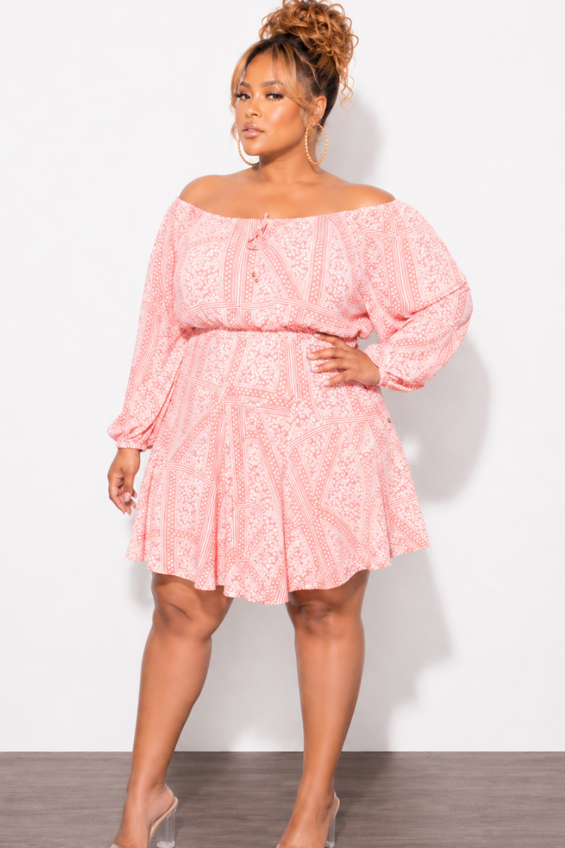 Final Sale Plus Size Off The Shoulder Dress in Coral Pink Print