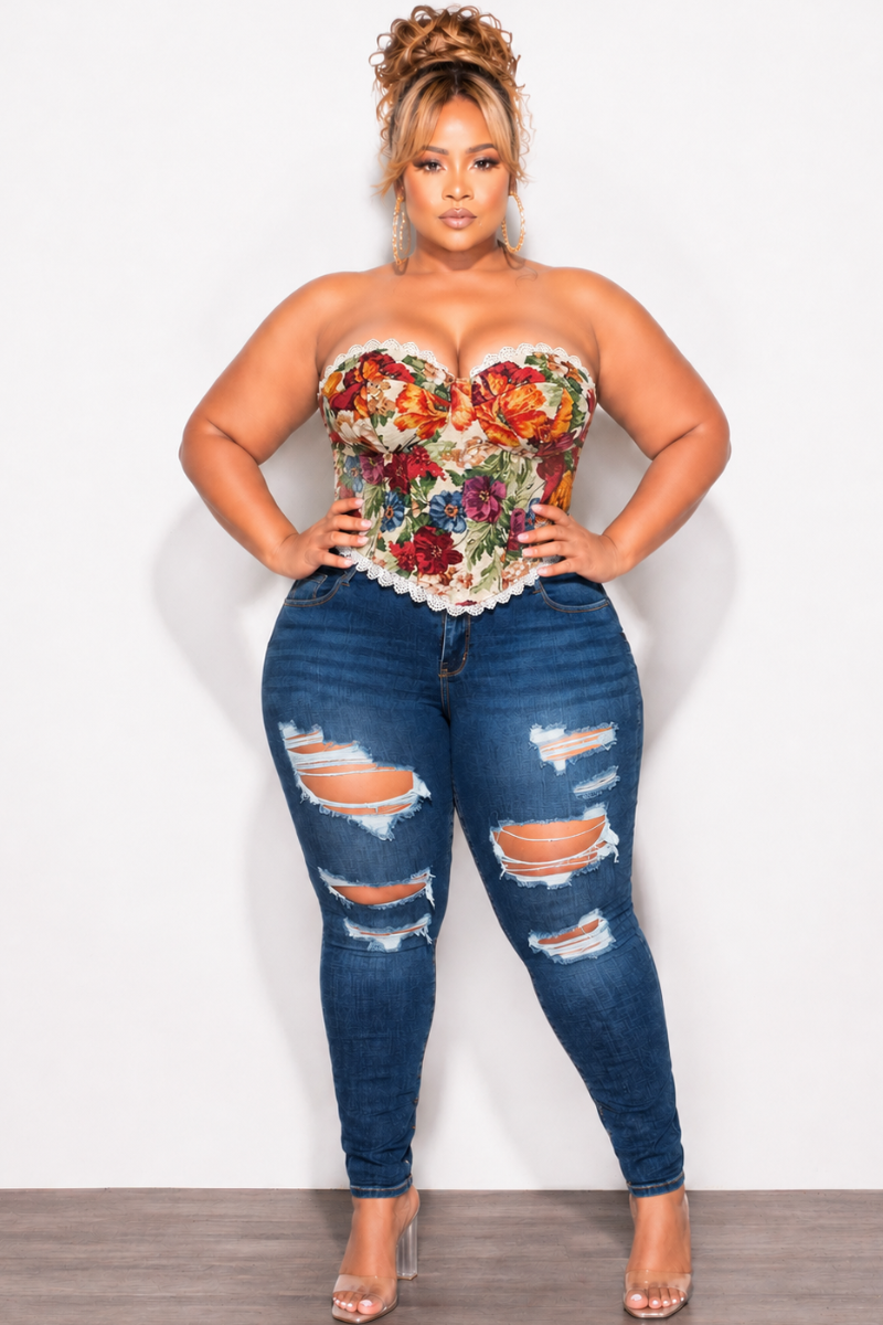 Final Sale Plus Size Strapless Embroidered Corset in Multi-Color Print – Chic And Curvy