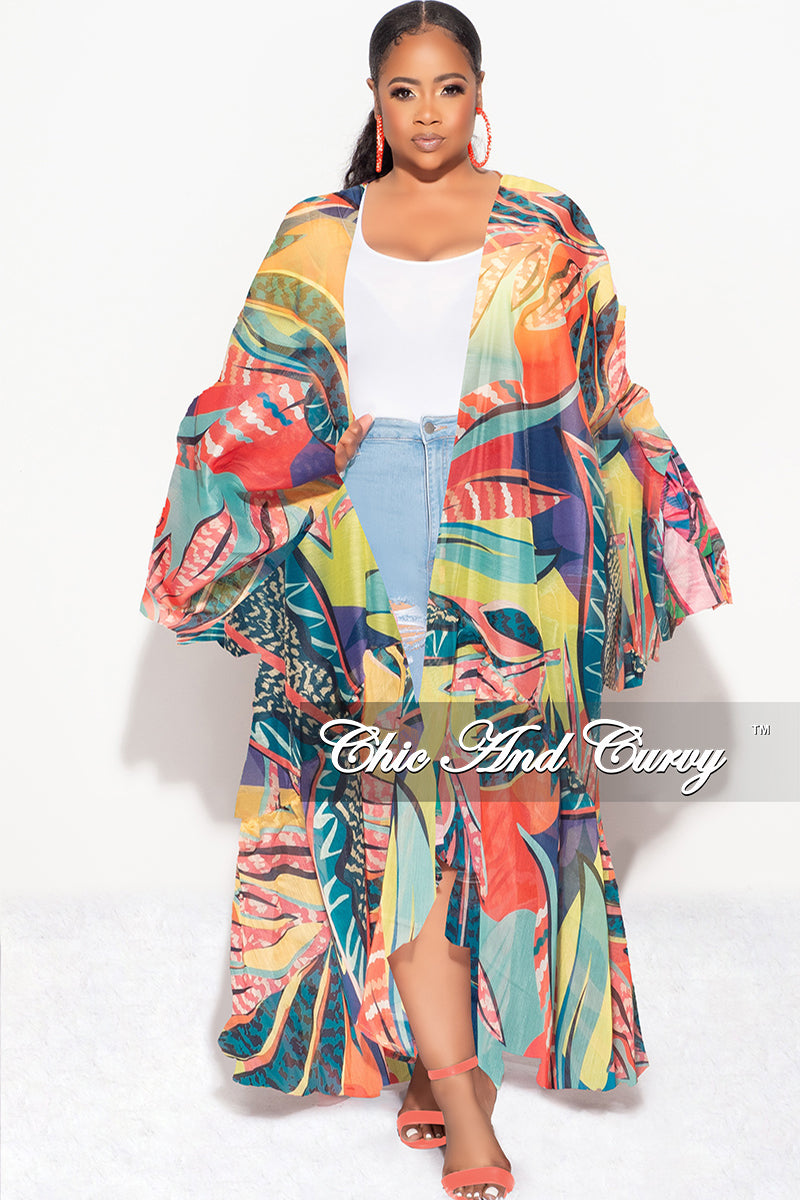 Final Sale Plus Size Ruffle Sleeve Kimono Duster in Multi Color Tropic –  Chic And Curvy