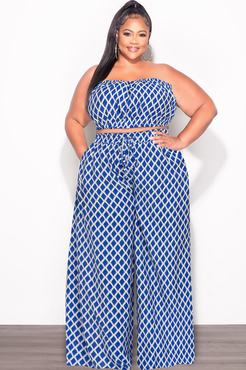 Final Sale Plus Size 2pc Strapless Crop Top and Flare Pants Set In