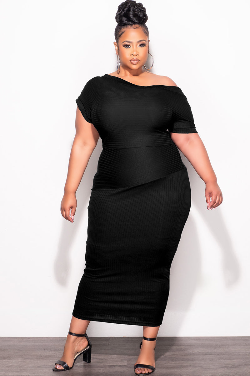 Final Sale Plus Size Off The Shoulder Ribbed Midi Dress in Black - 1x 14/16 Final Sale Plus Size Off The Shoulder Ribbed Midi Dress in Black - 1x 14/16
