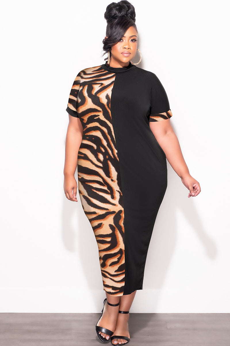 Final Sale Plus Size Colorblock Dress in Tiger Print and Black