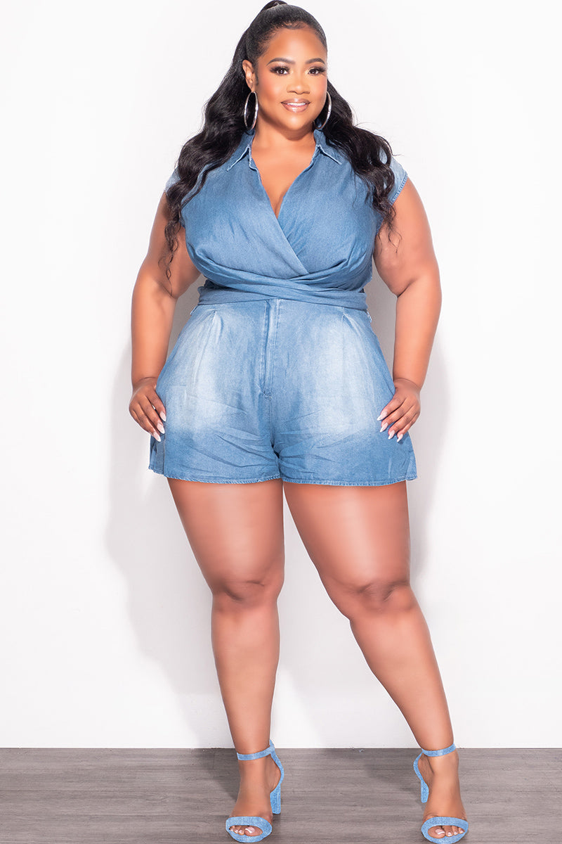 Final Sale Plus Size Collar Faux Wrap Zip Up Romper in Denim