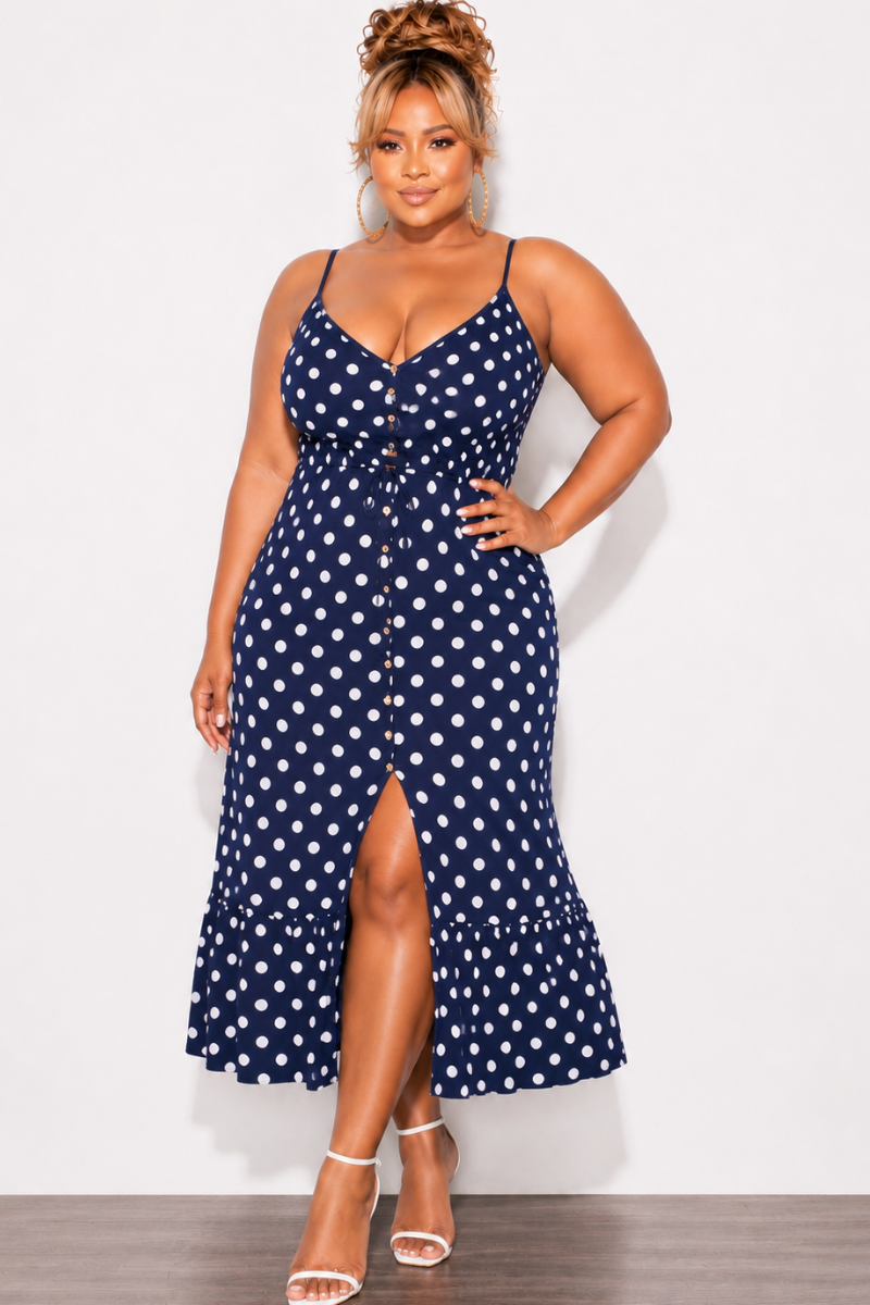 Final Sale Plus Size Spaghetti Strap Maxi Dress in Navy with White Polka Dots - 1x 14/16 Final Sale Plus Size Spaghetti Strap Maxi Dress in Navy with White Polka Dots - 1x 14/16