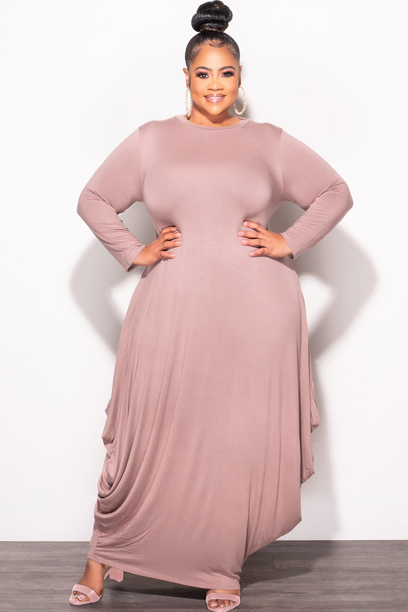 inexpensive plus size casual dresses Final Sale Plus Size Long Sleeve Casual Loose Pocket Dress in Mocha