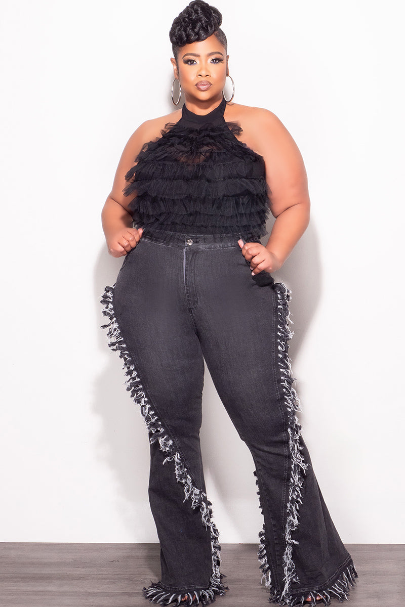 Final Sale Plus Size High Waist Fringe Trim Denim Jeans in Black