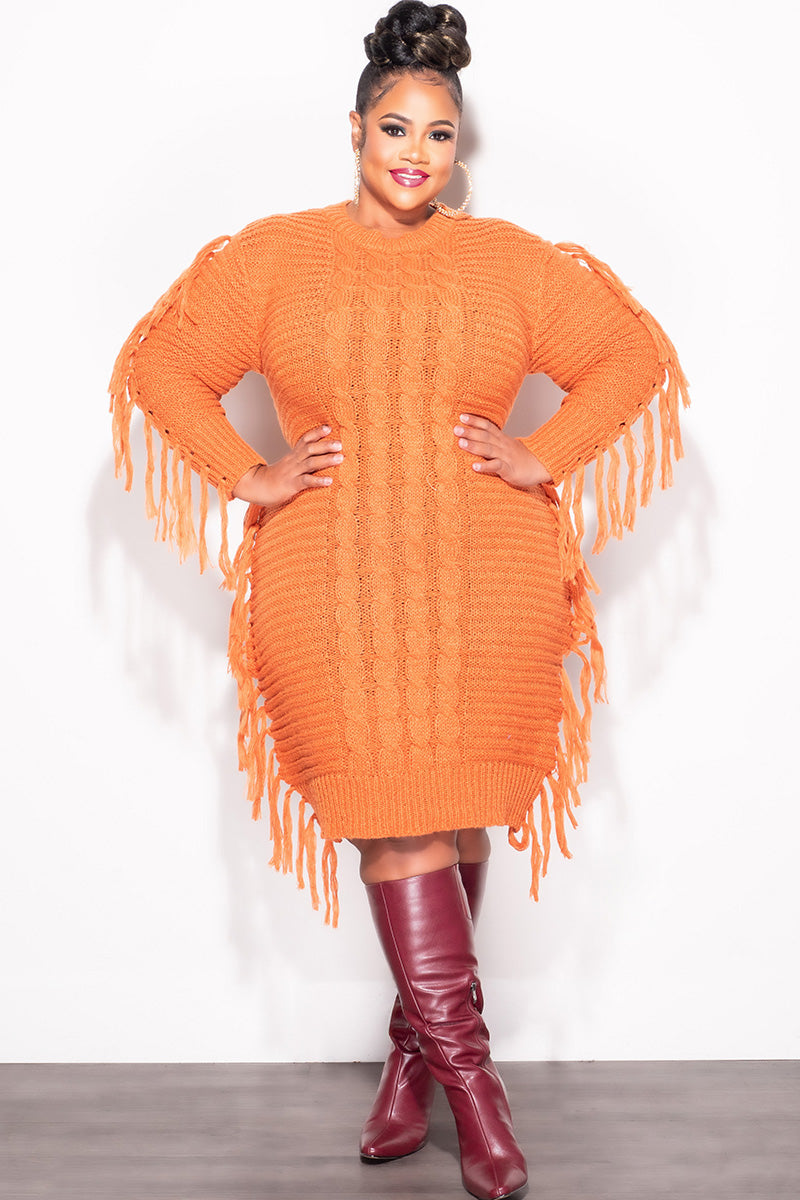 Final Sale Plus Size Fringe Sweater Dress in Burnt Orange - 3x 22 Final Sale Plus Size Fringe Sweater Dress in Burnt Orange - 3x 22