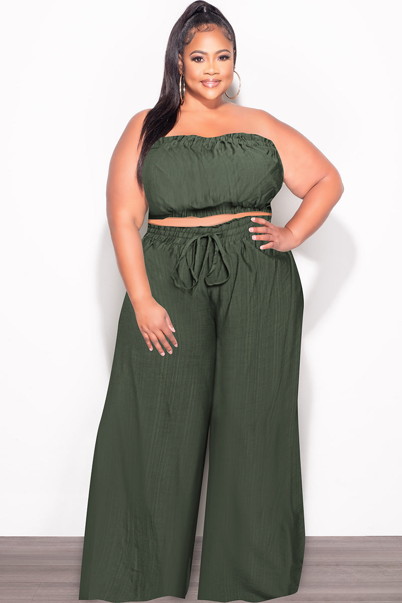 Final Sale Plus Size 2pc Strapless Crop Top and Flare Pants Set In