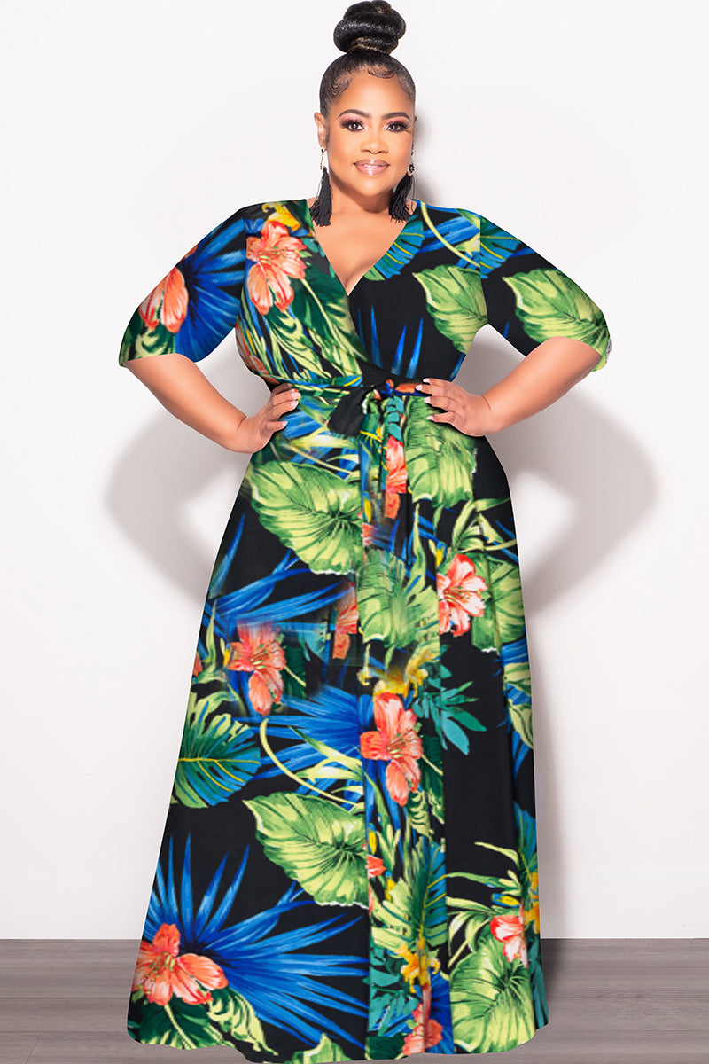 Final Sale Plus Size Faux Wrap Dress in Black Green and Royal Blue Floral Print - 3x 18 Final Sale Plus Size Faux Wrap Dress in Black Green and Royal Blue Floral Print - 3x 18
