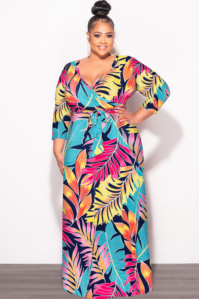 Final Sale Plus Size Deep V Faux Wrap Dress with 3/4 Sleeves in Navy Multi Leaf Print - 2x 18/20 Final Sale Plus Size Deep V Faux Wrap Dress with 3/4 Sleeves in Navy Multi Leaf Print - 2x 18/20