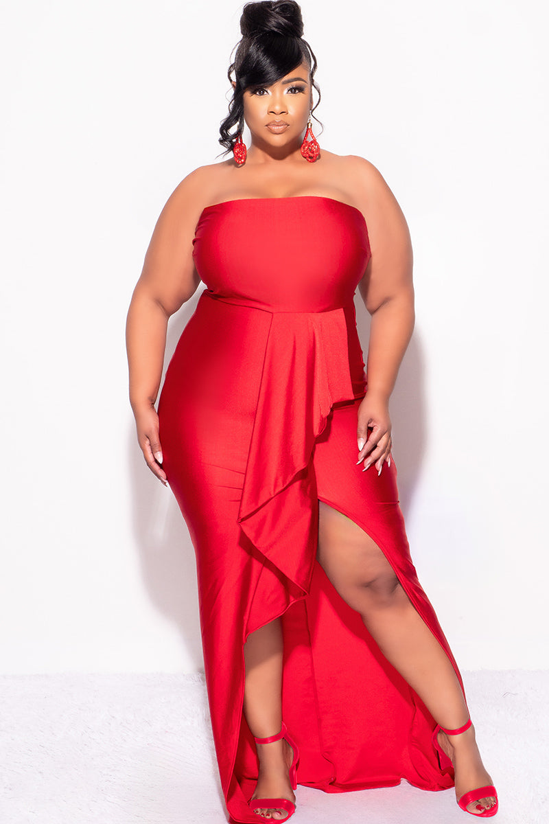 Final Sale Plus Size Strapless Ruffle Dress with Slit in Red Final Sale Plus Size Strapless Ruffle Dress with Slit in Red