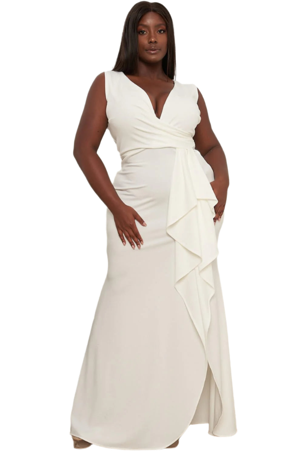 Final Sale Plus Size Faux Wrap Gown with Ruffled Slit in Ivory - 3x 22 Final Sale Plus Size Faux Wrap Gown with Ruffled Slit in Ivory - 3x 22