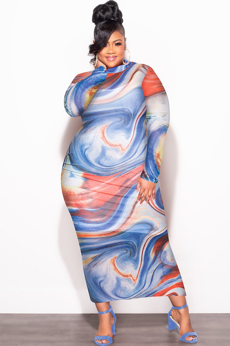 Final Sale Plus Size Sheer Mesh Bodycon Dress in Red & Blue Print Final Sale Plus Size Sheer Mesh Bodycon Dress in Red & Blue Print