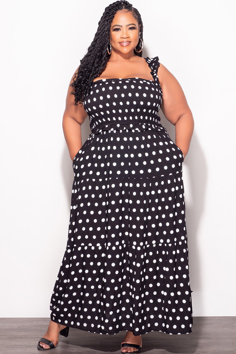 Final Sale Plus Size Sleeveless Frill Tiered Maxi Dress in Black and White Polka Dot - 1x 14/16 Final Sale Plus Size Sleeveless Frill Tiered Maxi Dress in Black and White Polka Dot - 1x 14/16