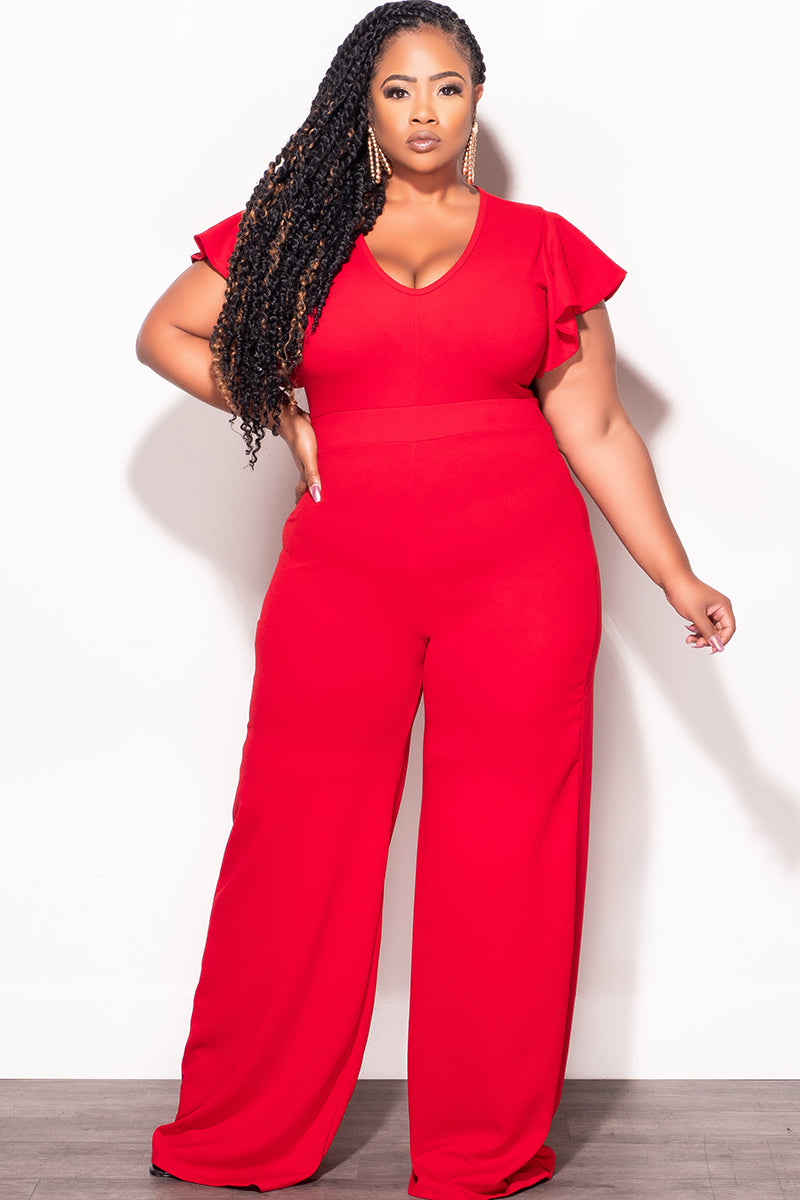 Final Sale Plus Size Ruffle Sleeve Jumpsuit in Red Final Sale Plus Size Ruffle Sleeve Jumpsuit in Red