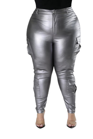 Final Sale Plus Size Slim Cargo Pants in Metallic Silver