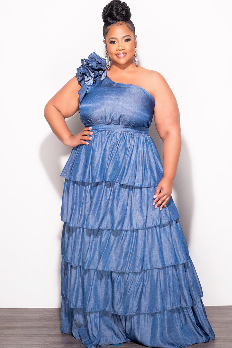 one shoulder chambray dress Final Sale Plus Size One Shoulder Bow Multi Layered Ruffle Dress in Ch