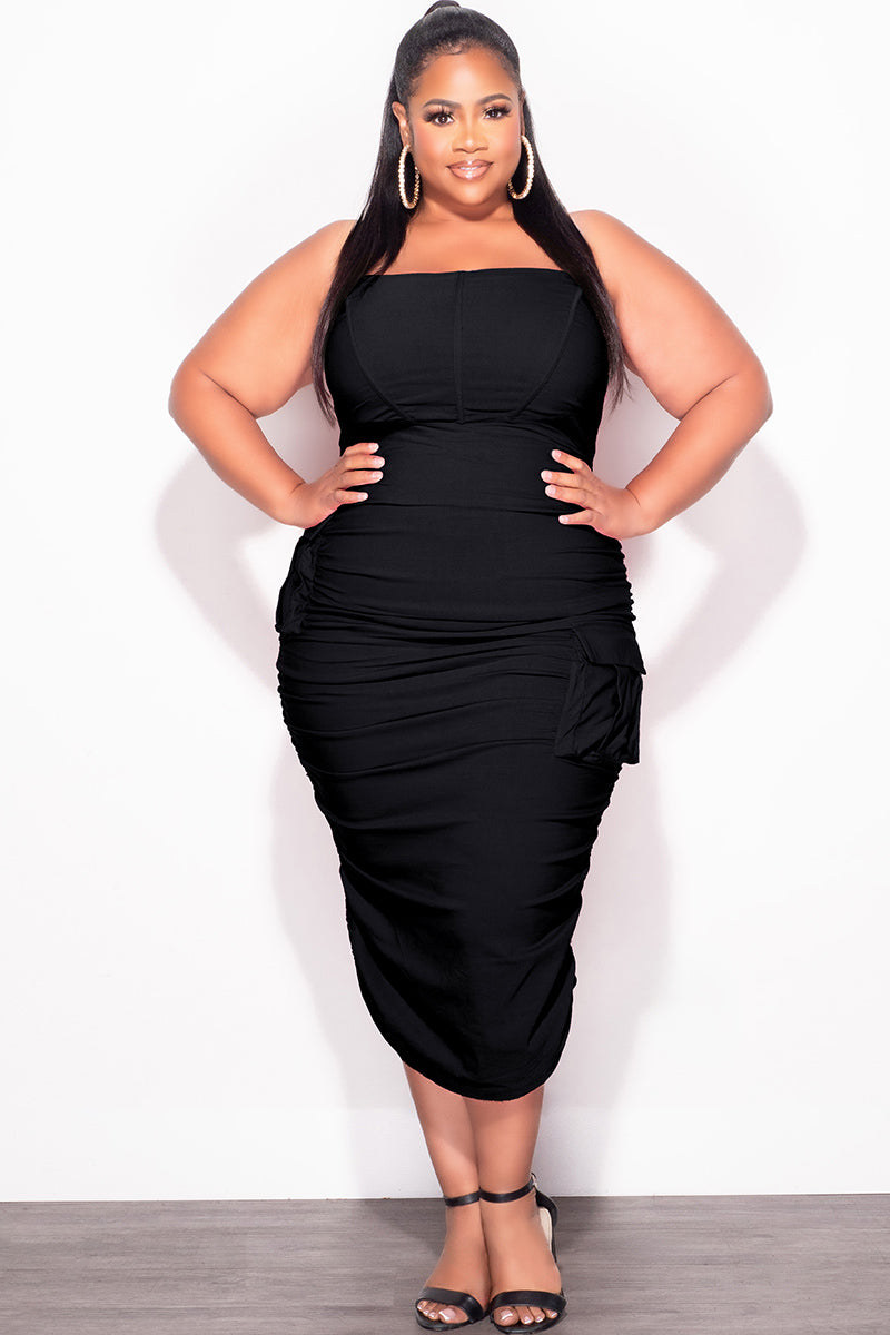 Final Sale Plus Size Strapless Cargo Midi Dress in Black Final Sale Plus Size Strapless Cargo Midi Dress in Black