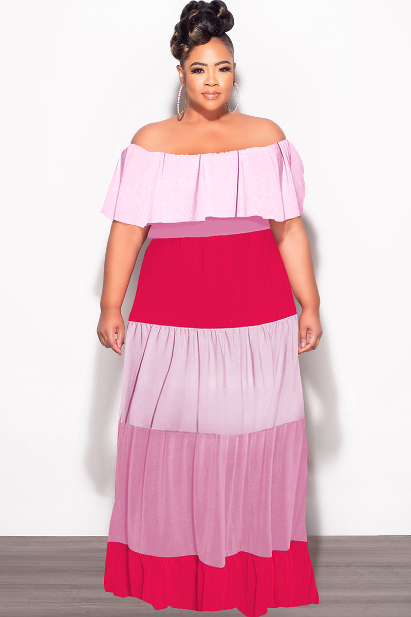Final Sale Plus Size Off The Shoulder Tiered Maxi Dress in Pink and Re Chic And Curvy Final Sale Plus Size Off The Shoulder Tiered Maxi Dress in Pink and Re Chic And Curvy