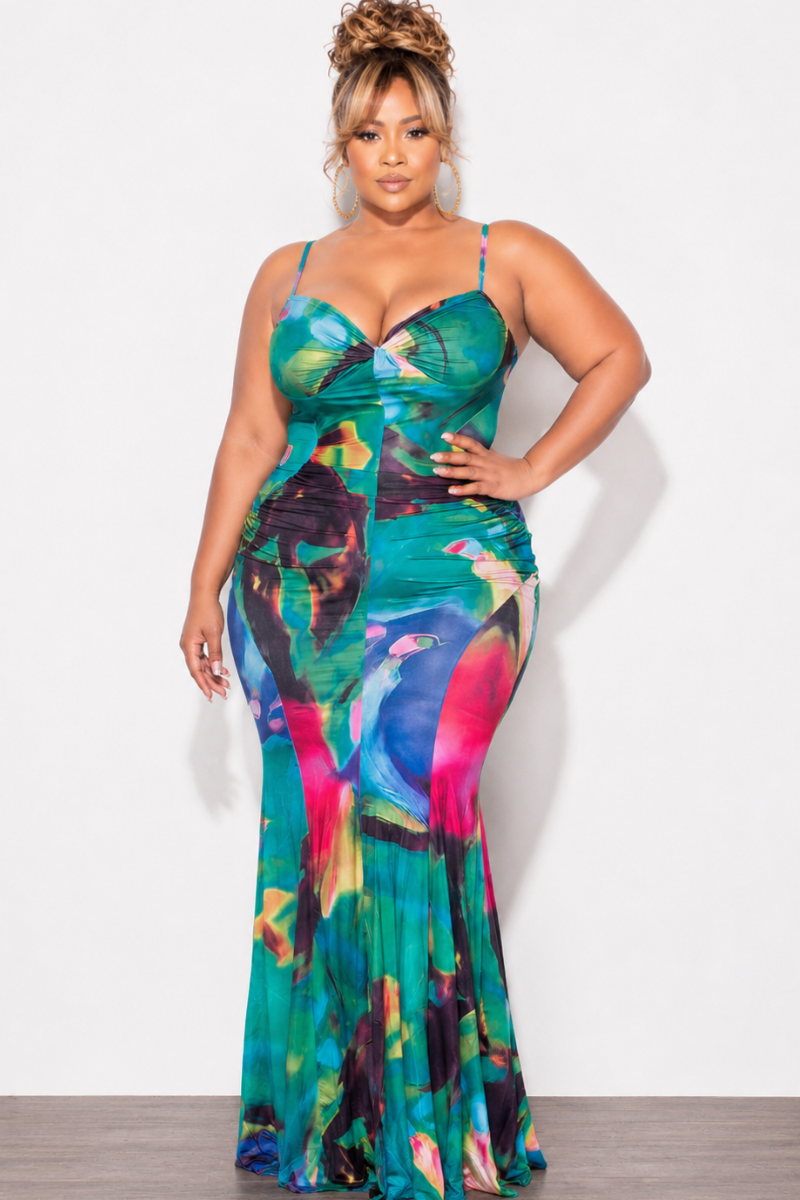 Final Sale Plus Size Spaghetti Strap Mermaid Gown in Green Multi Color - 2x 14/16 Final Sale Plus Size Spaghetti Strap Mermaid Gown in Green Multi Color - 2x 14/16