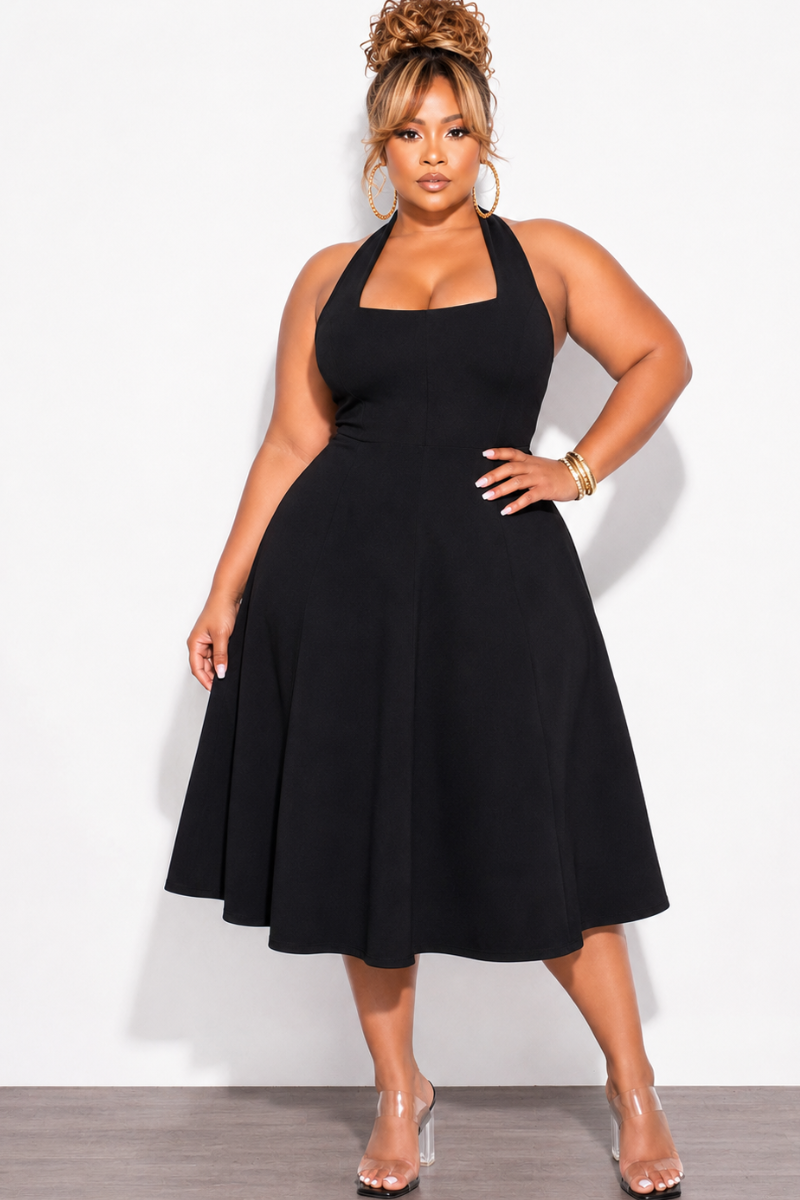 Final Sale Plus Size Halter Square Neck Ponte Dress in Black – Chic And Curvy Final Sale Plus Size Halter Square Neck Ponte Dress in Black – Chic And Curvy