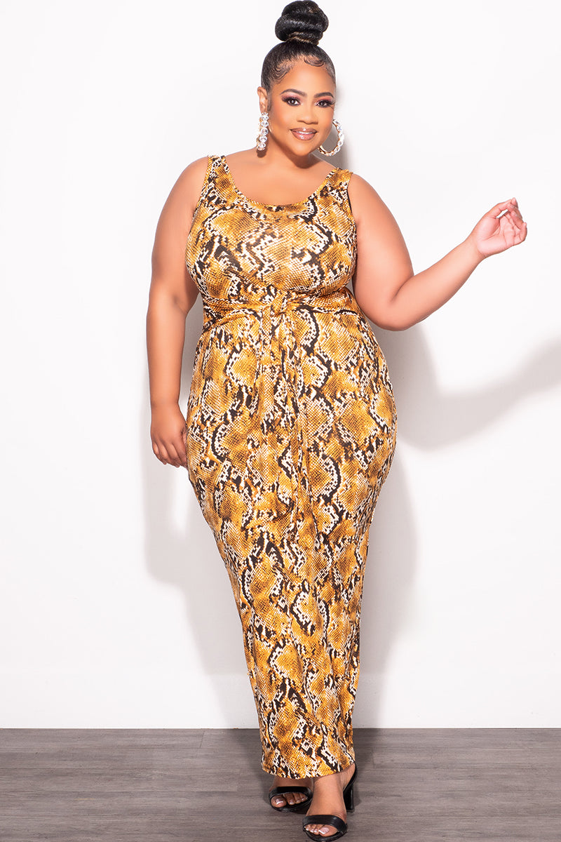 Final Sale Plus Size Sleeveless Maxi Dress with Waist Tie in Mustard and Black Snake Print