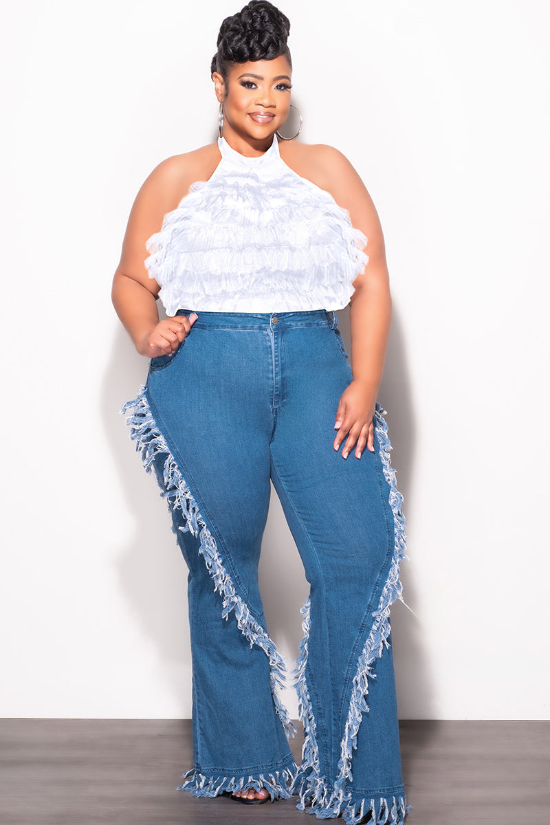 Final Sale Plus Size High Waist Fringe Trim Denim Jeans in Denim
