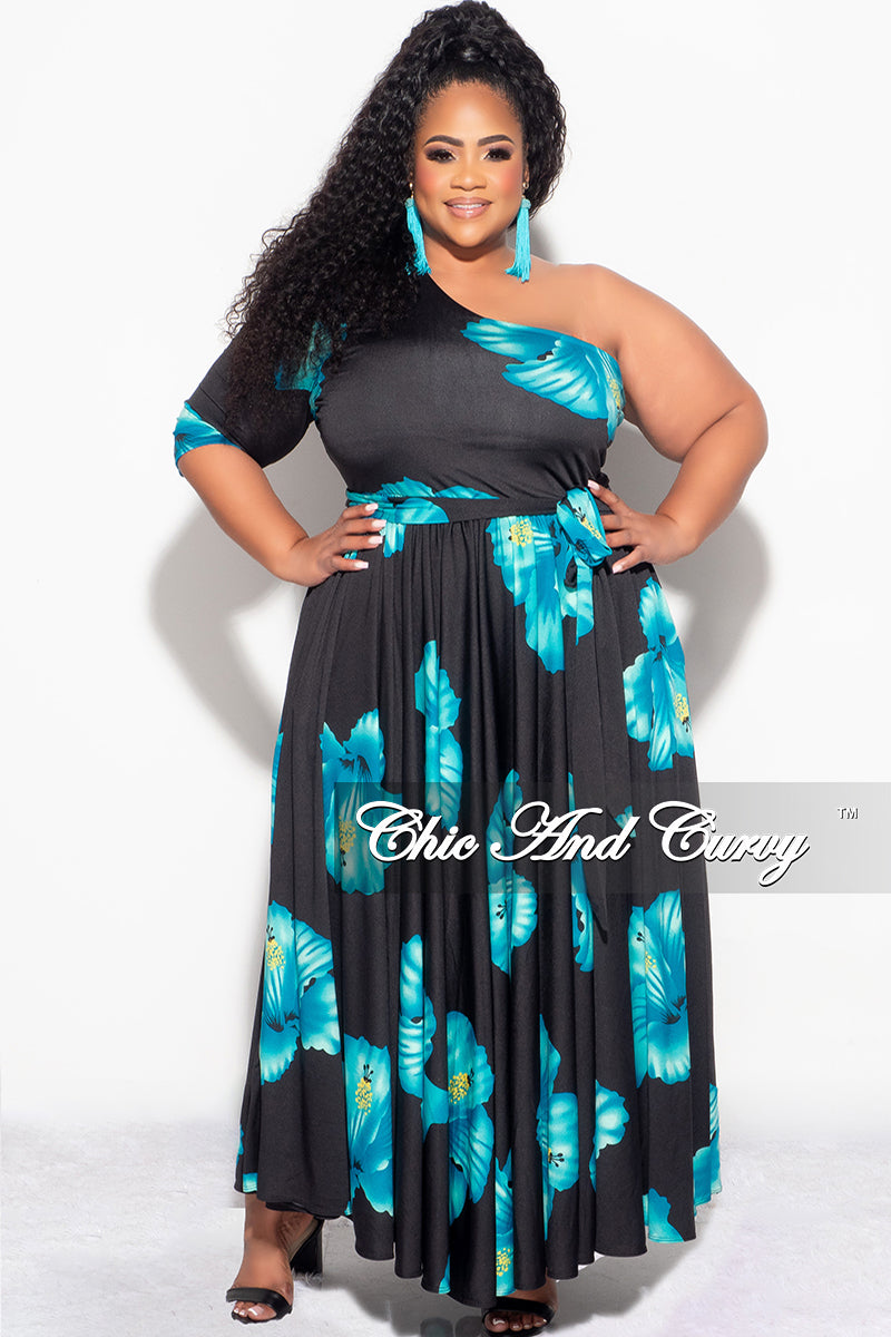 Final Sale Plus Size One Shoulder Dress in Black and Turquoise Floral Final Sale Plus Size One Shoulder Dress in Black and Turquoise Floral