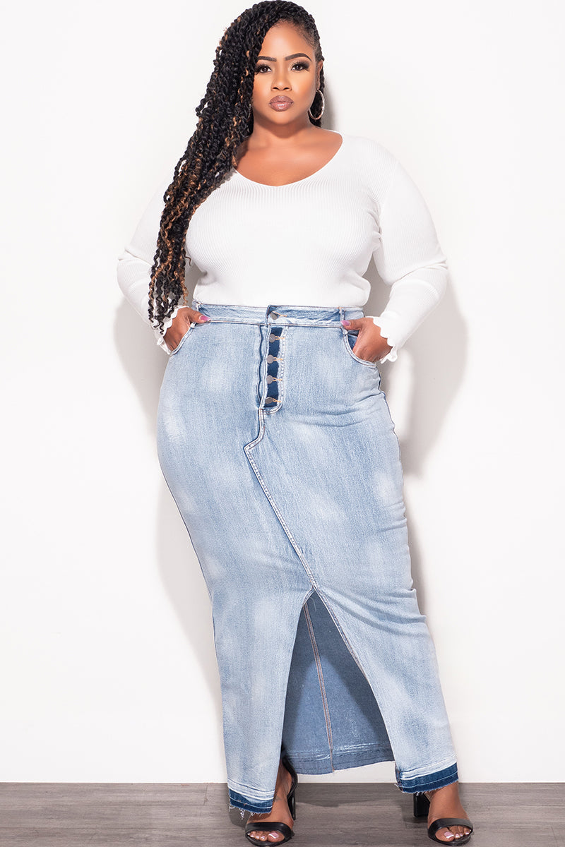 Final Sale Plus Size Skirt with Front Slit in Denim
