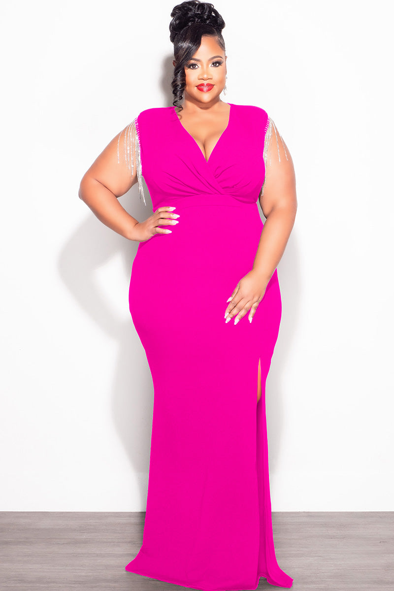 Final Sale Plus Size Faux Wrap Rhinestone Fringe Sleeve Maxi Dress in Fuchsia - 2x 18/20 Final Sale Plus Size Faux Wrap Rhinestone Fringe Sleeve Maxi Dress in Fuchsia - 2x 18/20