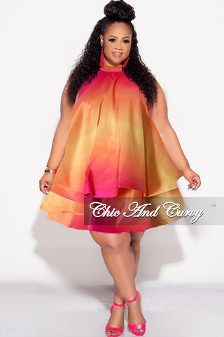 Final Sale Plus Size Halter Tiered Ruffle Mini Dress in Fuchsia Ombre Color Print