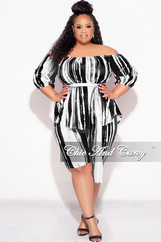 Final Sale Plus Size 2pc Off the Shoulder Peplum Top and Bermuda Shorts Set in Black and White