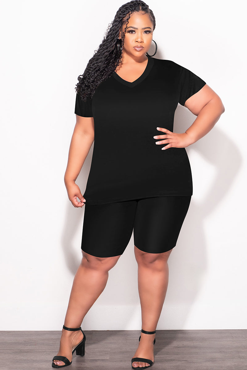 Final Sale Plus Size 2pc V Neck Biker Shorts Set in Black โ Chic