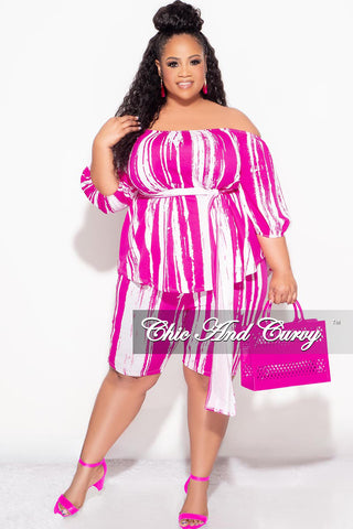 Final Sale Plus Size 2pc Off the Shoulder Peplum Top and Bermuda Shorts Set in Pink and White