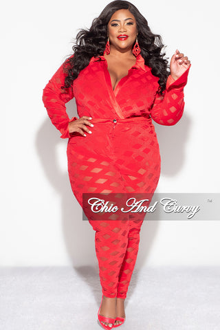 Final Sale Plus Size 2Pc Velvet Pants & Long Sleeve Bodysuit in Red