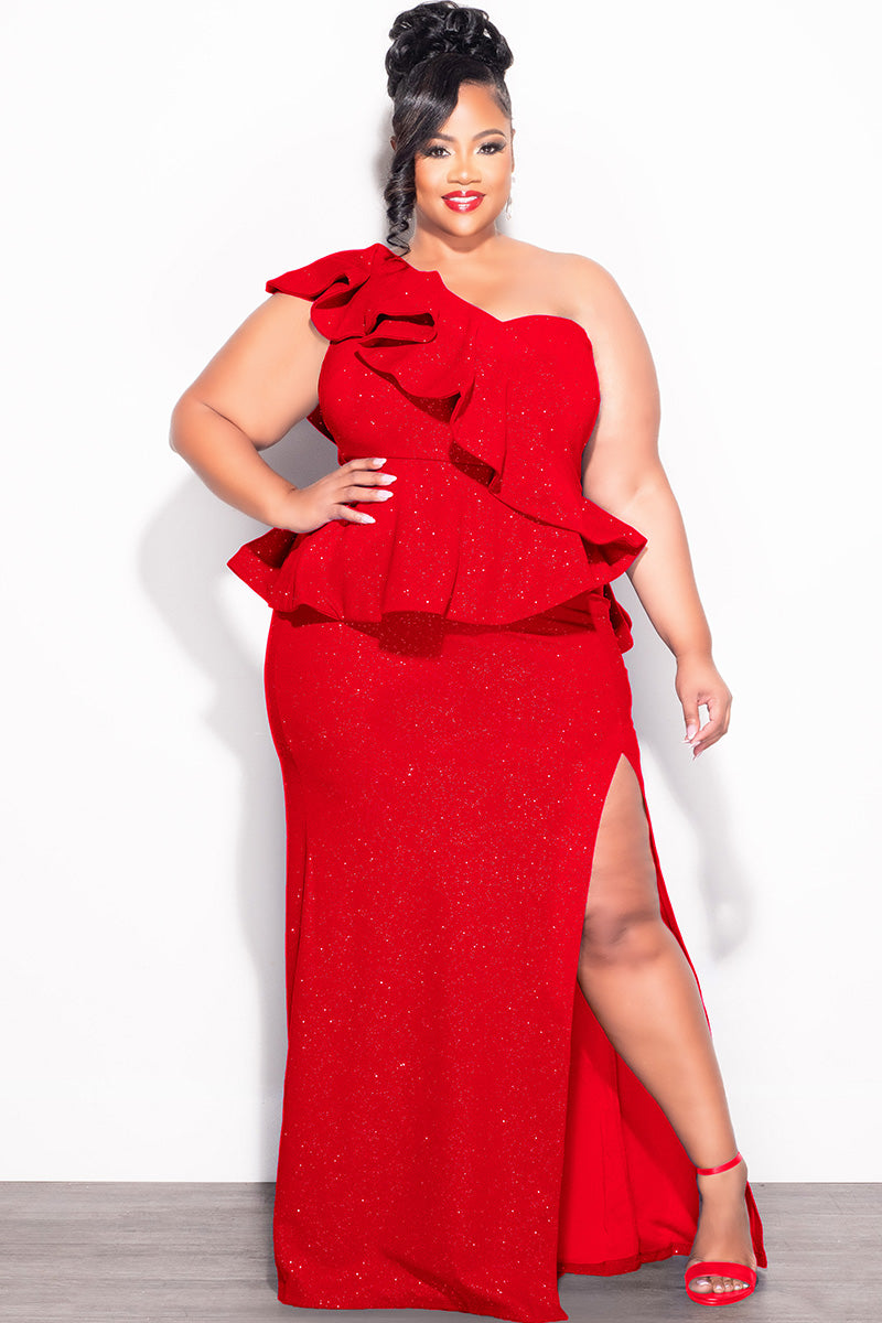 Final Sale Plus Size One Shoulder Layered Ruffle Gown in Red Glitter - 2x 18/20 Final Sale Plus Size One Shoulder Layered Ruffle Gown in Red Glitter - 2x 18/20
