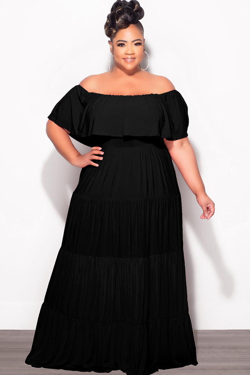 Final Sale Plus Size Off The Shoulder Tiered Maxi Dress in Black - 1x 14/16 Final Sale Plus Size Off The Shoulder Tiered Maxi Dress in Black - 1x 14/16