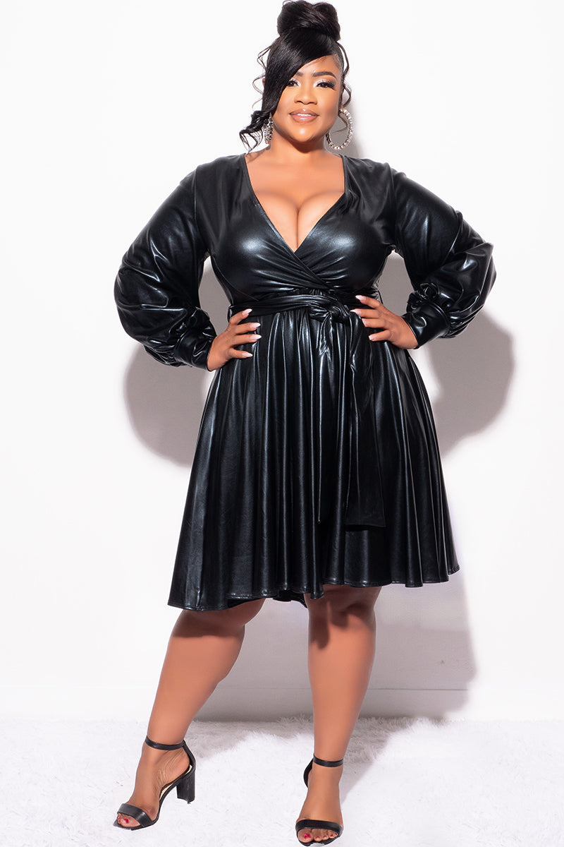 Final Sale Plus Size Long Sleeve Faux Wrap Skater Dress in Vegan Liquid Black - 3x 20/22 Final Sale Plus Size Long Sleeve Faux Wrap Skater Dress in Vegan Liquid Black - 3x 20/22