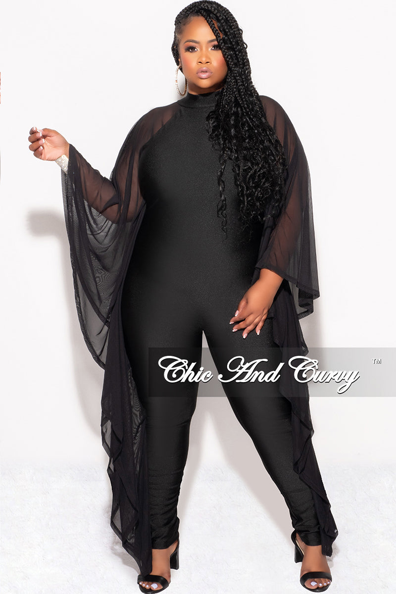 Final Sale Plus Size Shiny Jumpsuit with Sheer Cape Sleeves in