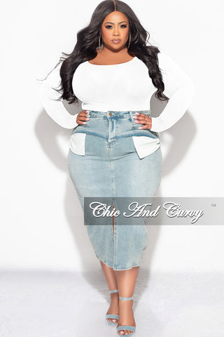 Final Sale Plus SizE Button Up Skirt with Front Slit in Light Denim