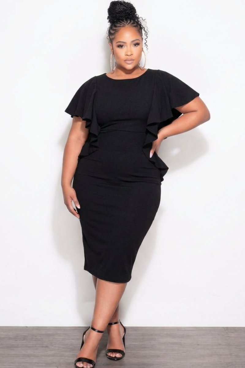flutter sleeve dress black Final Sale Plus Size Flutter Sleeve BodyCon Dress in Black