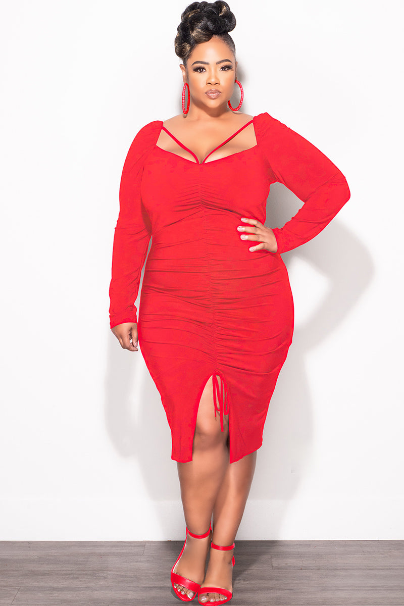 Final Sale Plus Size Long Sleeve Cutout Ruched BodyCon Dress with Front Slit in Red - 3x 22 Final Sale Plus Size Long Sleeve Cutout Ruched BodyCon Dress with Front Slit in Red - 3x 22
